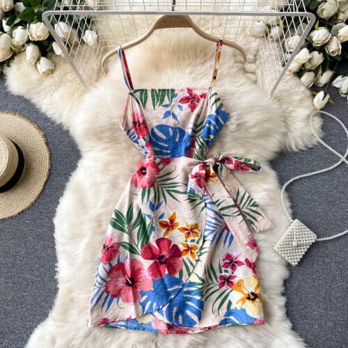 Korean Holiday Style Printed Dress Summer New Style Temperament Square Neck Design Sense Strap Slim Short Suspender Skirt