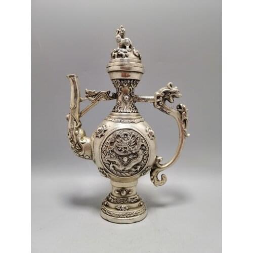 Collect China Fine Workmanship Cupronickel Sculpture Auspicious Dragon Wine Pot Metal Crafts Home Decoration