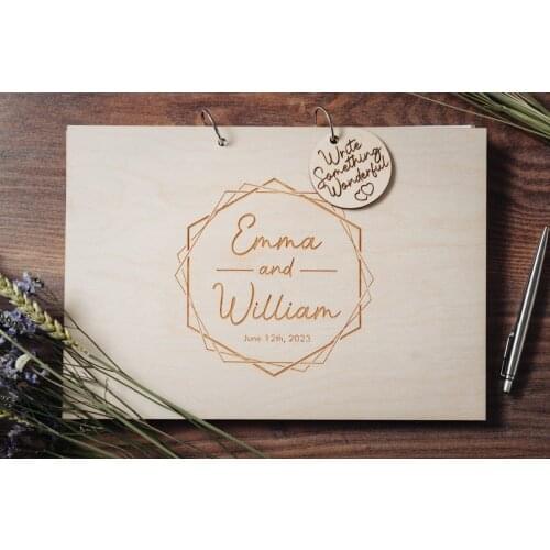 Wedding Wooden Memory Album,Geometric Wedding Guest Book, Modern and Timeless Design,Engraved Loose-leaf Book