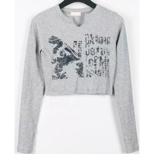 Yedinas Vintage Letter Print Long Sleeve Short Top Womens Sexy Knit T-shirt 2021 Korean Chic Street Hot Girl Slim Base Shirt