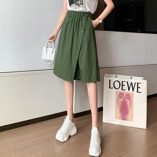 Ladies Straight Knee Length Skirt Shorts Fashion Irregular Single Button Women Shorts Elastic High Waist Army Green Khaki Shorts