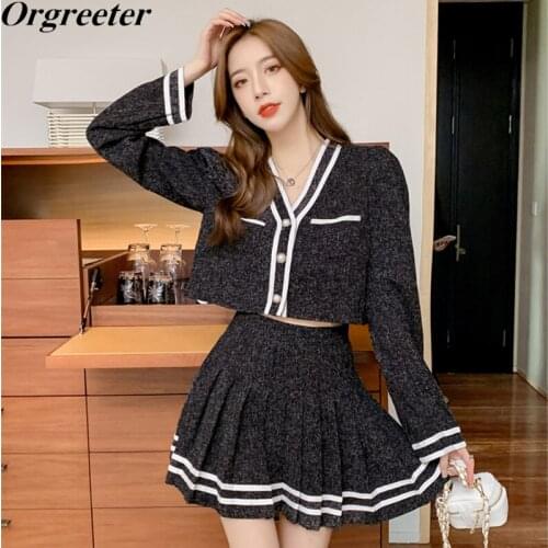Autumn New Tempeament 2 Piece Set Women Casual Long Sleeve V-neck Single-breasted Crop Top +High waist Pleated Mini Skirt Suits