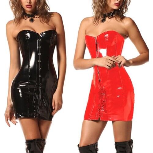 Women Wet Look Leather Corset Mini Dress Lace Up Body Shaper Overbust Bustier Corset Mistress Gothic Catsuit Fetish Costume
