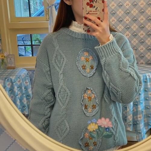 Vintage French Romantic Retro Pullover Sweater Women Loose Casual Long Sleeve Flower Female Knit Jumper Tops Autumn Winter