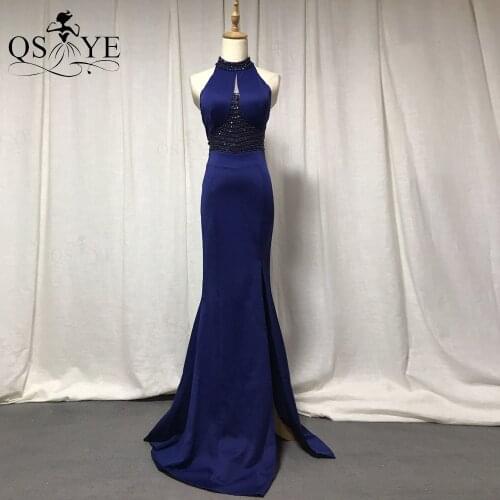 QSYYE Royal Blue Halter Evening Dresses Mermaid Evening Gown Bead Waistband Elegant Party Dress Elastic Formal Dress Sexy Slit