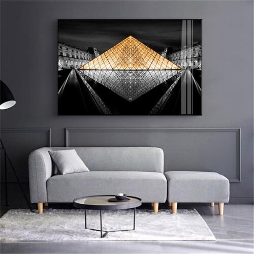 Gold and Black Geometry Triangle Buiding Canvas Painting Fashion Wall Art Print Poster for Living Room Artistic Lobby Decoration
