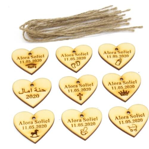 100 Pcs Personalized Baby Shower Style Tag Decorations Customized Baby Name Wood Love Heart Hang Tags Birthday Gift Tag Supplies