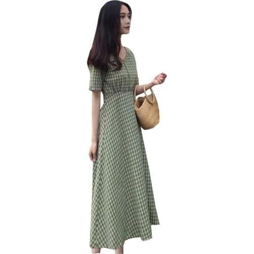 2021Summer Womens Dress Vintage Student Long Over-The-Knee New Summer Female Plaid Dress V-Neck Korean Short-Sleeved Lady Dress