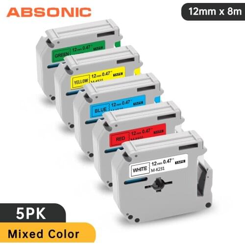Absonic 5 Color 12mm MK-231 MK-431 MK-531 MK-631 MK-731 Label Tapes mk231 m231 Compatible for Brother P-touch PT-80 Label Maker