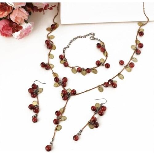 Vintage Rhinestone Necklace Earrings Bracelet Set Bohemia Natural Stone Wedding Jewelry Set Wedding Bronze Jewelry Set