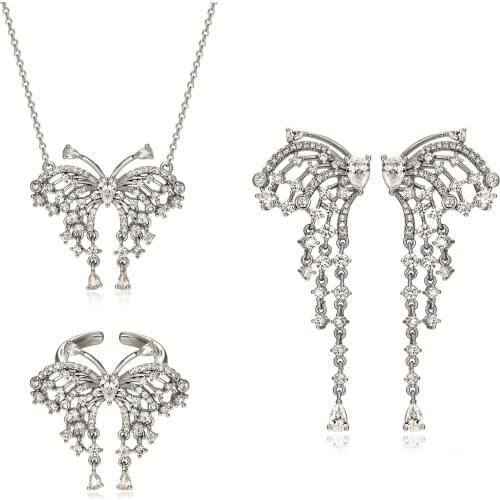 Butterfly Lab Diamond Jewelry set 925 Sterling Silver Promise Party Wedding Rings Earrings Necklace For Women Bridal Jewelry