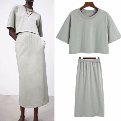 KUMSVAG Women Summer Casual Suits 2-pieces Sets 2021 ZA Solid T-Shirts Tops and Skirts Female Sweet Street Clothing OYK2553