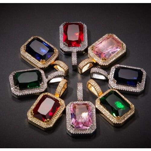 ICED OUT Gem Stones Solitaire Pendant Necklace Infinity Stones Solid Back With Tennis Chain Hip Hop Jewelry Gift