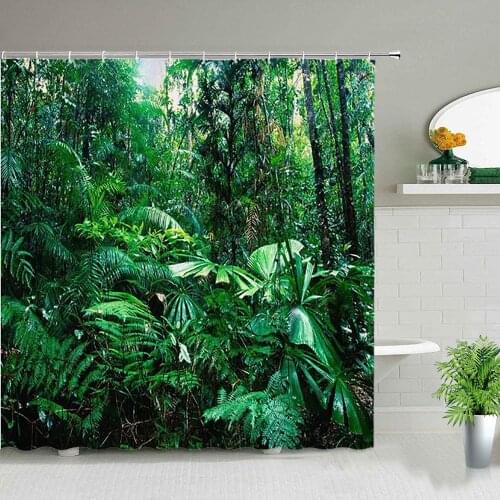 Green Tropical Plants Forest Shower Curtains Palm Tree Flower Bird Leaves 3d Printing Bathroom Decor Waterproof Bath Curtain Set