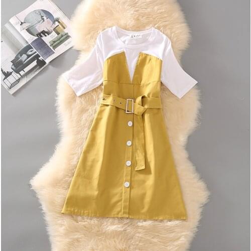 Summer Dress 2021 Fashion Women Temperament Splicing Fake Two Lace-Up O-Neck Short Sleeve Sweet Dresses Ladies Vestidos G1200