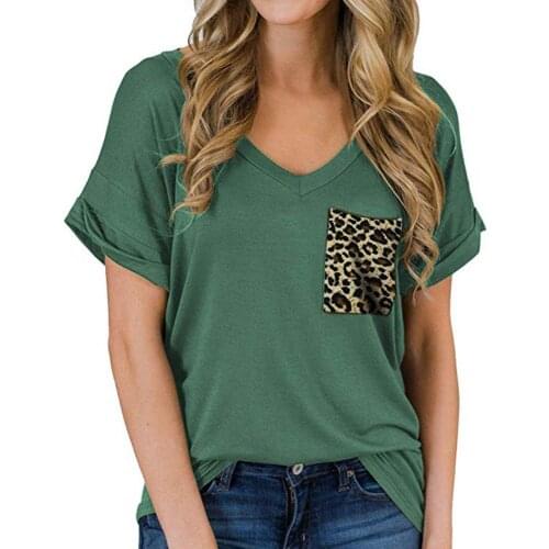 Summer Women T-Shirts Solid Color V Neck Short Sleeve Stitching Leopard Pocket Loose T-shirt Womens Clothing футболка женский
