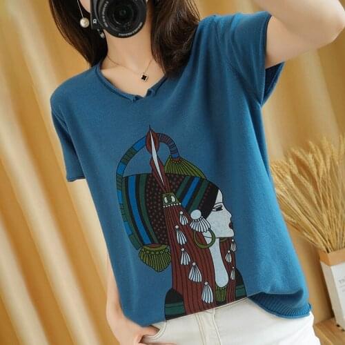 Smpevrg Summer Women'Tees Casual Thic Short Sleeve V-Neck Female Pullover 100% Cotton Knitted Tops Chic T-Shirt Clothes Jumpers