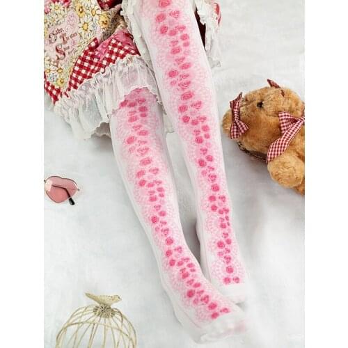 Sweet pink lolita stockings Rose print thigh-high 100D Velvet