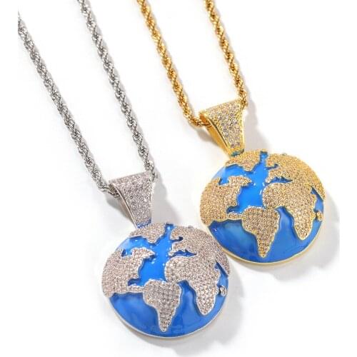 Hip Hop Mens Blue Zircon Oil Inlaid Earth Pendant Necklace Fashion Gift European and American Style Necklace