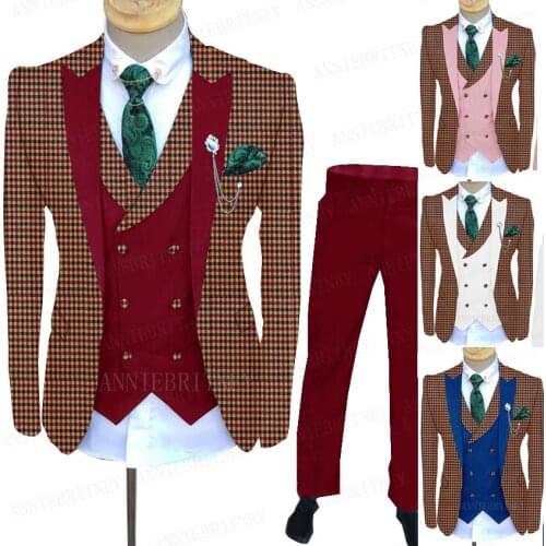 2021 Newest Luxury Burgundy Plaid Suit Men 3 Pieces Custom Slim fit Jacket Groom Wedding Dinner Dress Tuxedo Blazer Vest Pants
