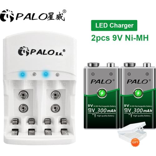 PALO 2pcs 9V 300mAh Ni-Mh rechargeable Batteries + Battery Charger For AA AAA 9V Ni-MH Ni-Cd Rechargeable Batteries