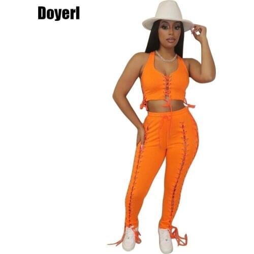 Sexy 2 Piece Party Club Outfits for Women Summer Clothes Lace Up Crop Top and Pants Sets Suit Bodycon Two Piece Matching Sets