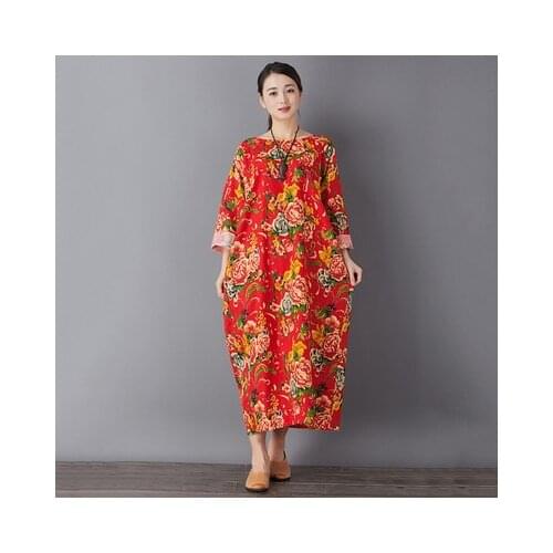 Long Women Sleeve Retro Cotton and Linen Dress