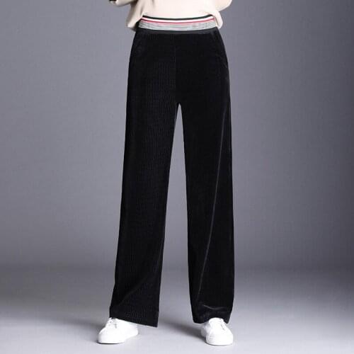 Plus Size Women Wide Leg Pants Elastic Waist Female Loose Trousers Black Beige Ladies Velour Pants Femme Pantalon Long Pants