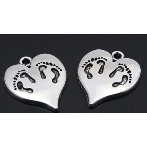 20pcs Silver Color Love Heart Footprint Charms Mothers Day Gift Pendant Jewelry Making DIY Handmade Craft Accessories A3413