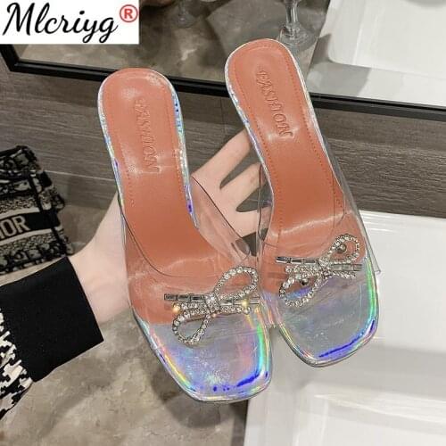 PVC Transparent Crystal Flowers Buckle Womens Slippers Summer Square Toe Ladies Strange High Heels Womens Sandals Shoes Sandals