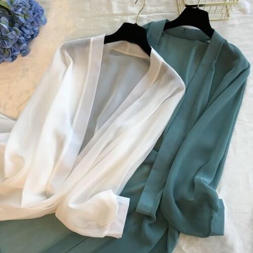 2021 Summer Chiffon Blouse 5colors Cardigan Sun Protection clothing Long Blouse Beach White female Fashion Tops Feminino