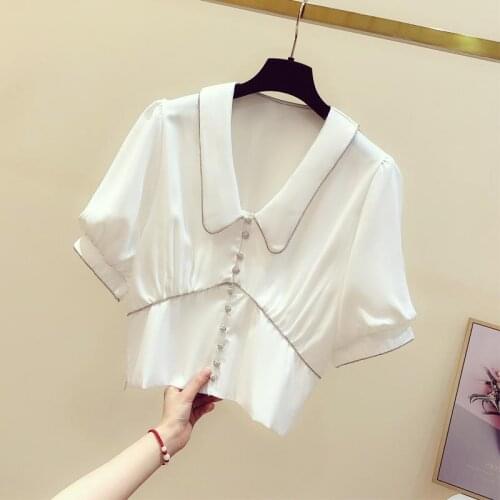 White Chiffon Women Shirts Summer New Design 2021 Lantern Sleeved Slim Short Empired Solid Elegant Office Lady Outwear Tops