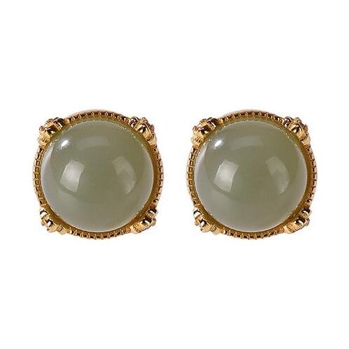 925 sterling silver gold-plated natural Hetian gray jade stud earrings simple and stylish personality four-claw womens earrings