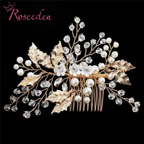 Gold Leaf Flower Handmade Bride Hair Combs Pearl Rhinestone Wedding Headpiece Hair Jewelry Ornaments for Women RE3328