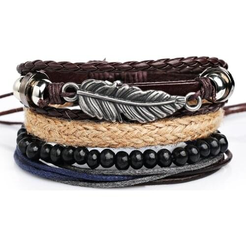 2021 Fashion Jewelry Retro Hand Woven Multilayer Leather Alloy Leaf Bracelet Charm Beaded Cuff Bracelet for Womens Accessories