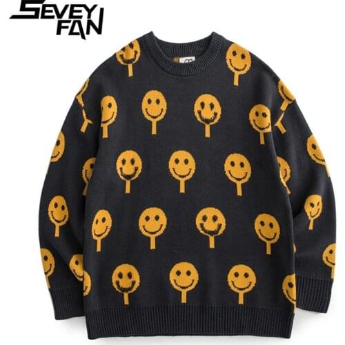 SEVEYFAN Full Cartoon Smiley Oversize Sweater Men Hip Hop Winter Sweaters Knitwear Couples Loose Cotton Pullovers