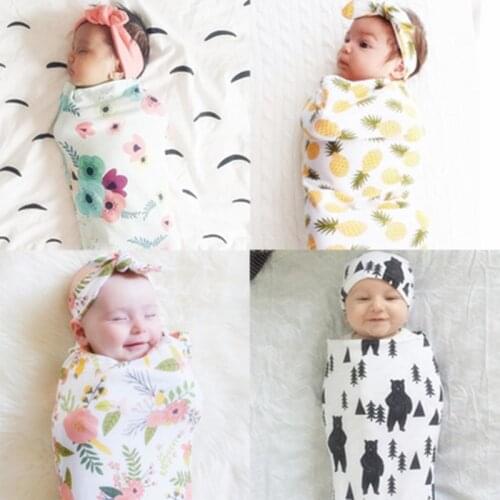 2Pcs/Set Newborn Fashion Baby Swaddle Blanket Printed Newborn Infant Baby Boys Girls Sleeping Swaddling +Headband