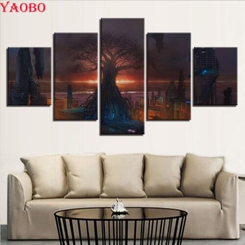 5d Diamond Painting cross stitch,5 Pieces Fantasy Sunset Cityscape Night Sky Tree,DIY Diamond Embroidery,full square/round drill