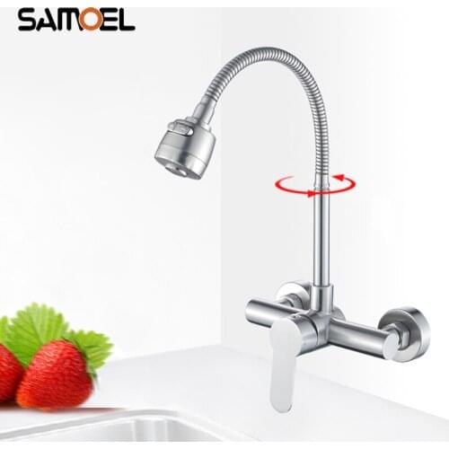 Economic Stainless Steel Wall Mounted Kitchen Sink Faucet Mixer Two Hole Kitchen Water Tap with Spring Sprayer NL717