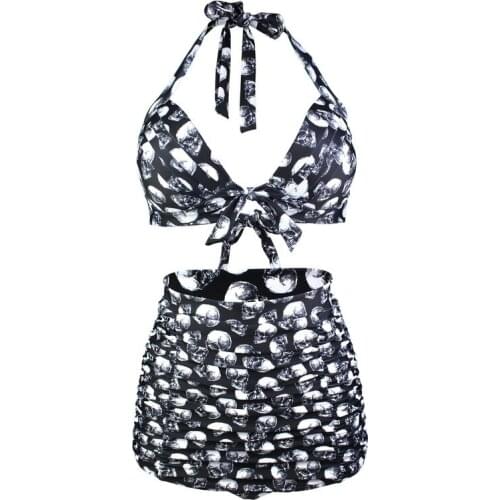 European and American Skull Swimsuit High Waist Large Size Bandage Split Two-piece Swimsuit Without Steel Ring