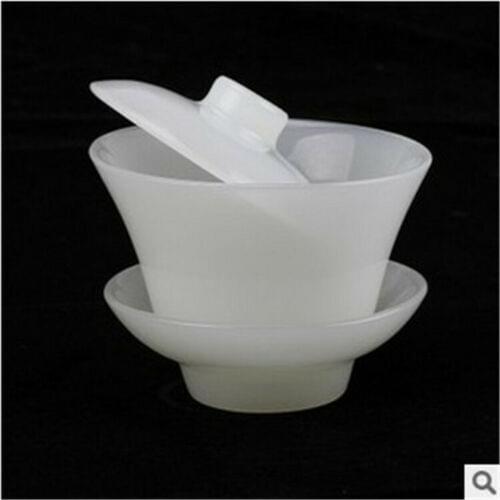 China handmade jade carving Natural White Jade Cover a bowl Exquisite jade tea s