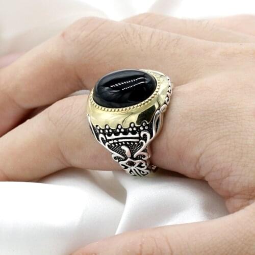 New style 925 sterling silver mens ring, oval black natural agate stone ladies ring, neutral Thai silver Turkish jewelry