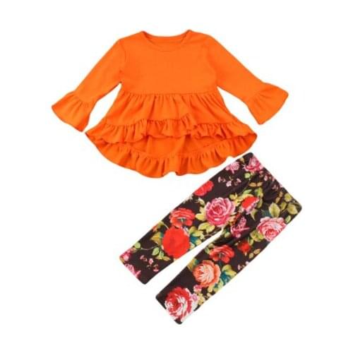 2017 Toddler Kids Baby Girls Orange Long Flare Sleeves T-shirt Tops Ruffles Dress Floral Pants Set Outfits
