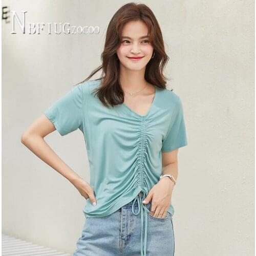 Summer New Fashion Korean Drawstring Women T Shirt Casual Short Sleeve Female Tee Shirts