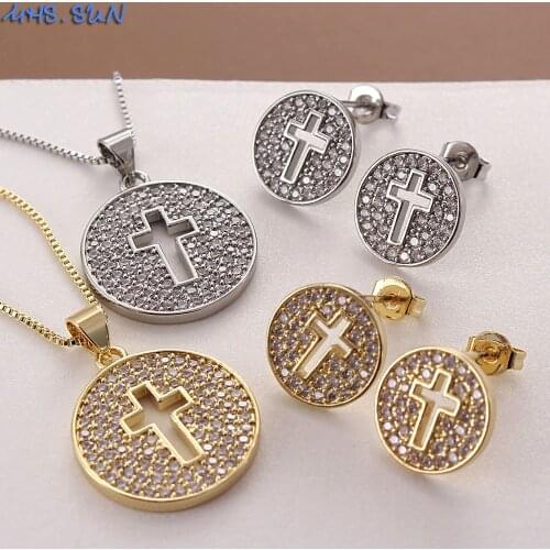 MHS.SUN Mosaic Zircon Round Hollow Cross Pendant Chain Necklace Earrings Set For Women/Girls CZ Jewelry Set Charm Style 1Set
