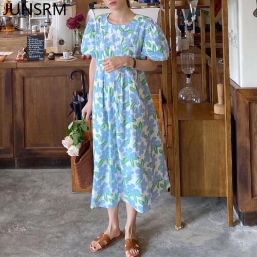 Women Elegant Long Robe Midi Dresses 2020 Summer New Chic Round Neck Pleated Printed Loose Casual Ladies Dress