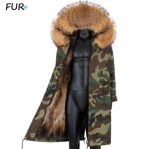 Real Fur Coat Winter Camouflage Jacket men X-Long Rabbit Fur Liner Waterproof Natural Raccoon Fur Collar Hood Thick Warm 7XL