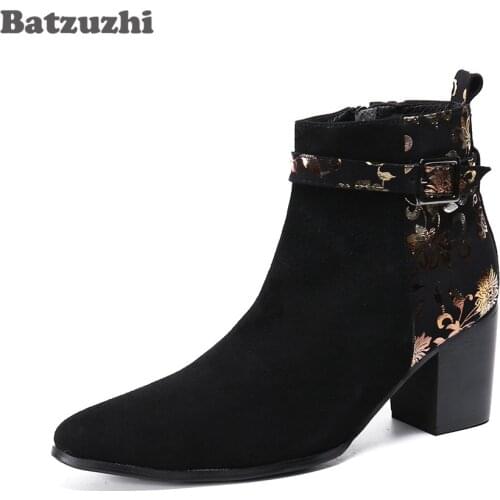 Batzuzhi 7.5cm High Heels New Design Men Boots Shoes Pointed Toe Black Suede Leather Ankle Boots for Wedding & Party, Size 38-46