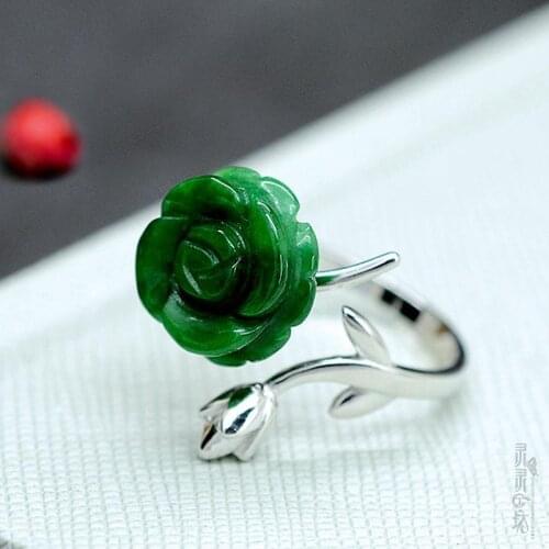 [Jade Rose.].] Natural Hetian Jade Ring Womens New 925 Sterling Silver Tielongsheng Ornament