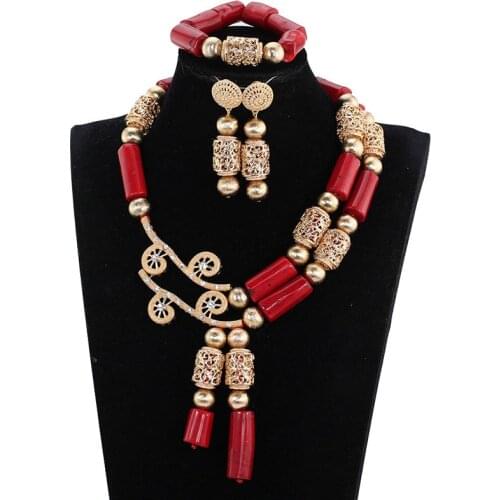 Charming African Real Coral Beaded Jewelry Sets Nigerian Bridal Statement Costume Necklace SetsTraditional Wedding Gift AJS009